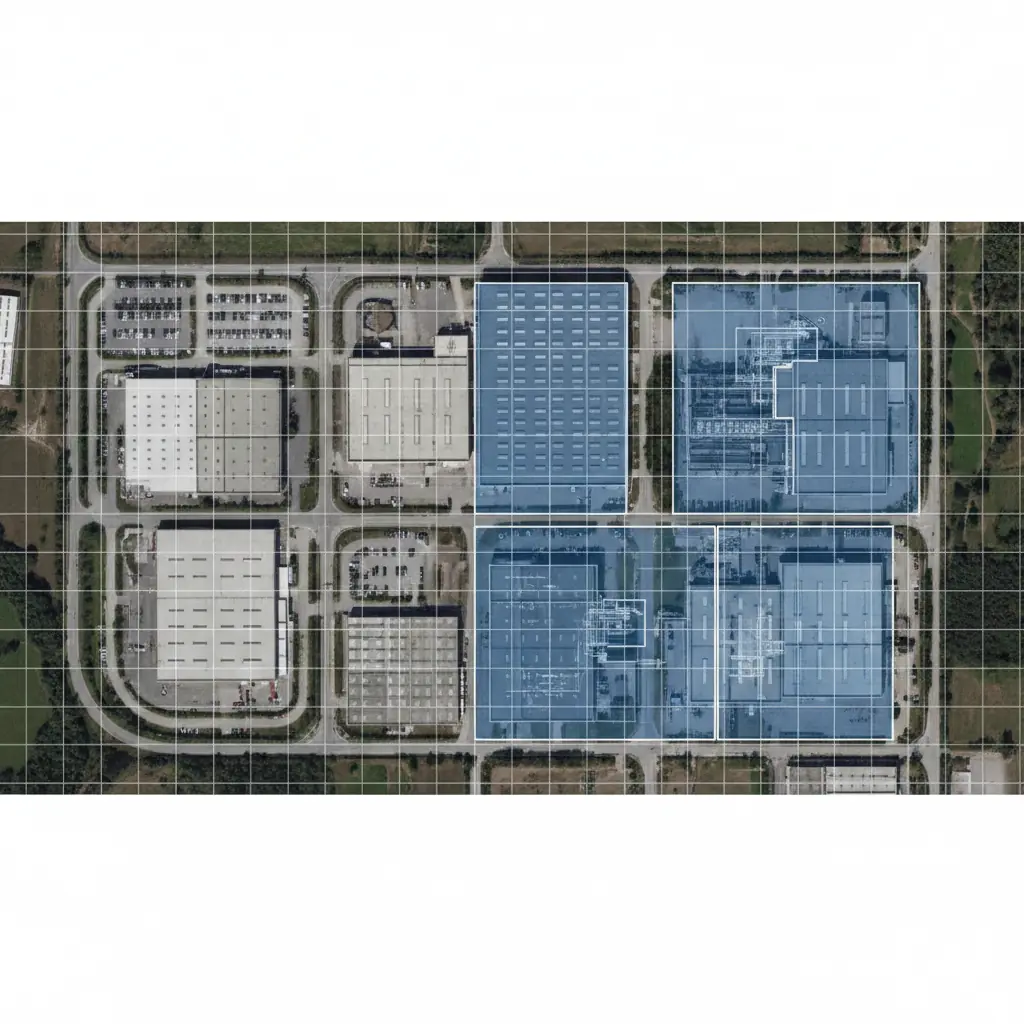 Planimetria di lotti industriali con coperture evidenziate